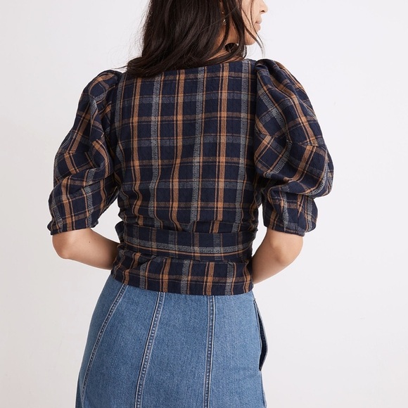 Madewell Sweetheart Wrap Top Plaid Oversized Puff Sleeves - Picture 2 of 6